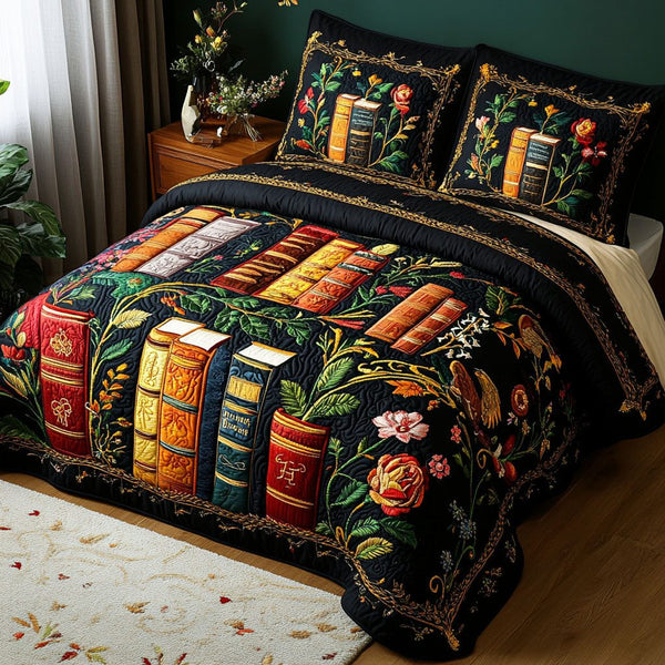 Floral Chapters quilted 3-piece bedding set on a made bed with two matching pillow shams