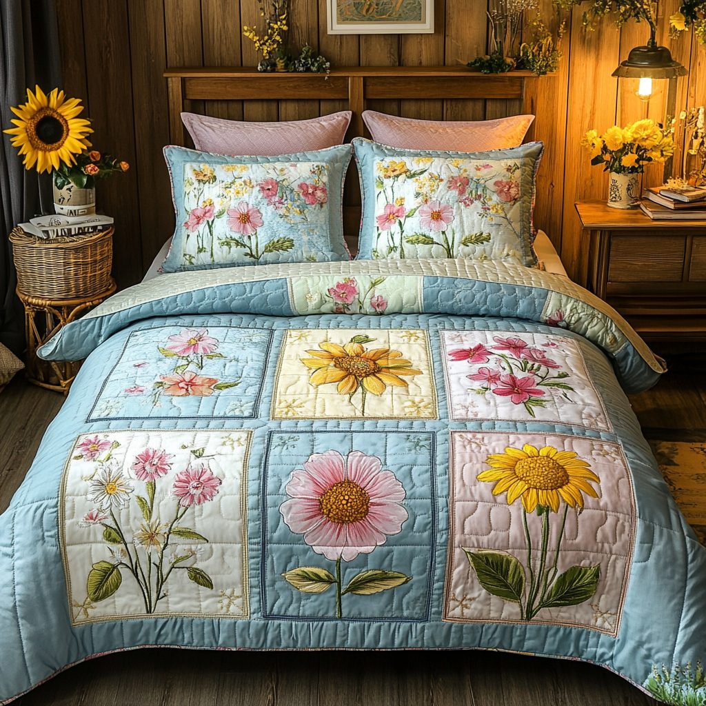Floral Charm quilted 3-piece bedding set on a made bed with two matching pillow shams