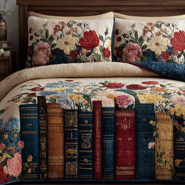 Floral Classics quilted 3-piece bedding set on a made bed in a farmhouse bedroom
