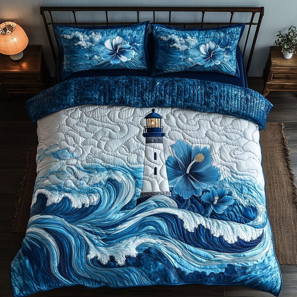 Floral Coastline quilted 3-piece bedding set on a made bed with two matching pillow shams
