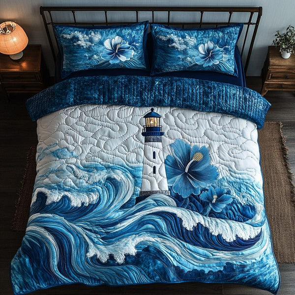 Floral Coastline quilted 3-piece bedding set on a made bed with two matching pillow shams