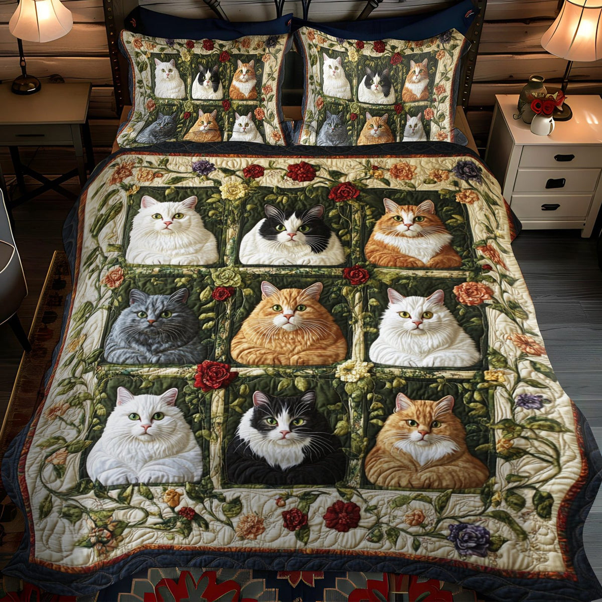 Floral Colorful Cats quilted 3-piece bedding set on a made bed with two matching pillow shams