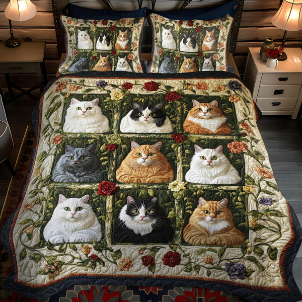 Floral Colorful Cats quilted 3-piece bedding set on a made bed with two matching pillow shams