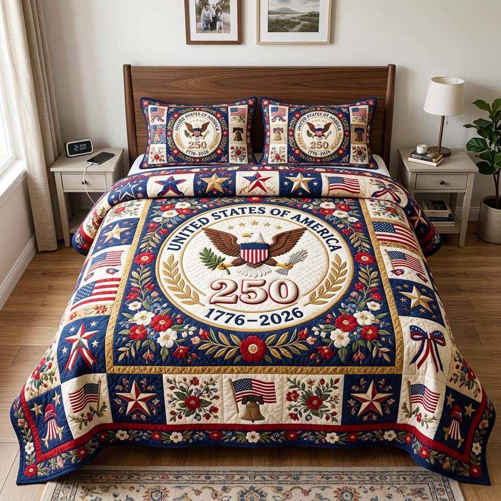 Floral Crest quilted 3-piece bedding set on a made bed with two matching pillow shams