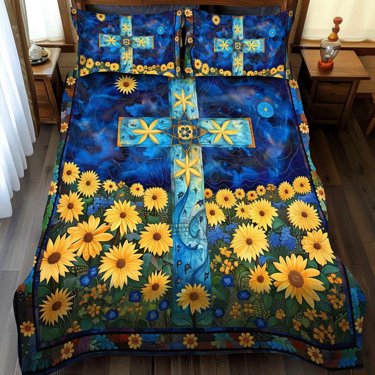 Floral Cross quilted 3-piece bedding set on a made bed in a softly lit bedroom