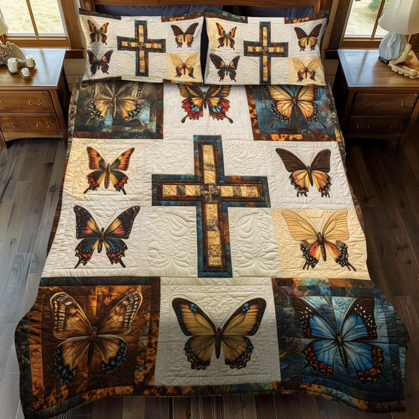 Floral Cross quilted 3-piece bedding set on a made bed in a softly lit bedroom