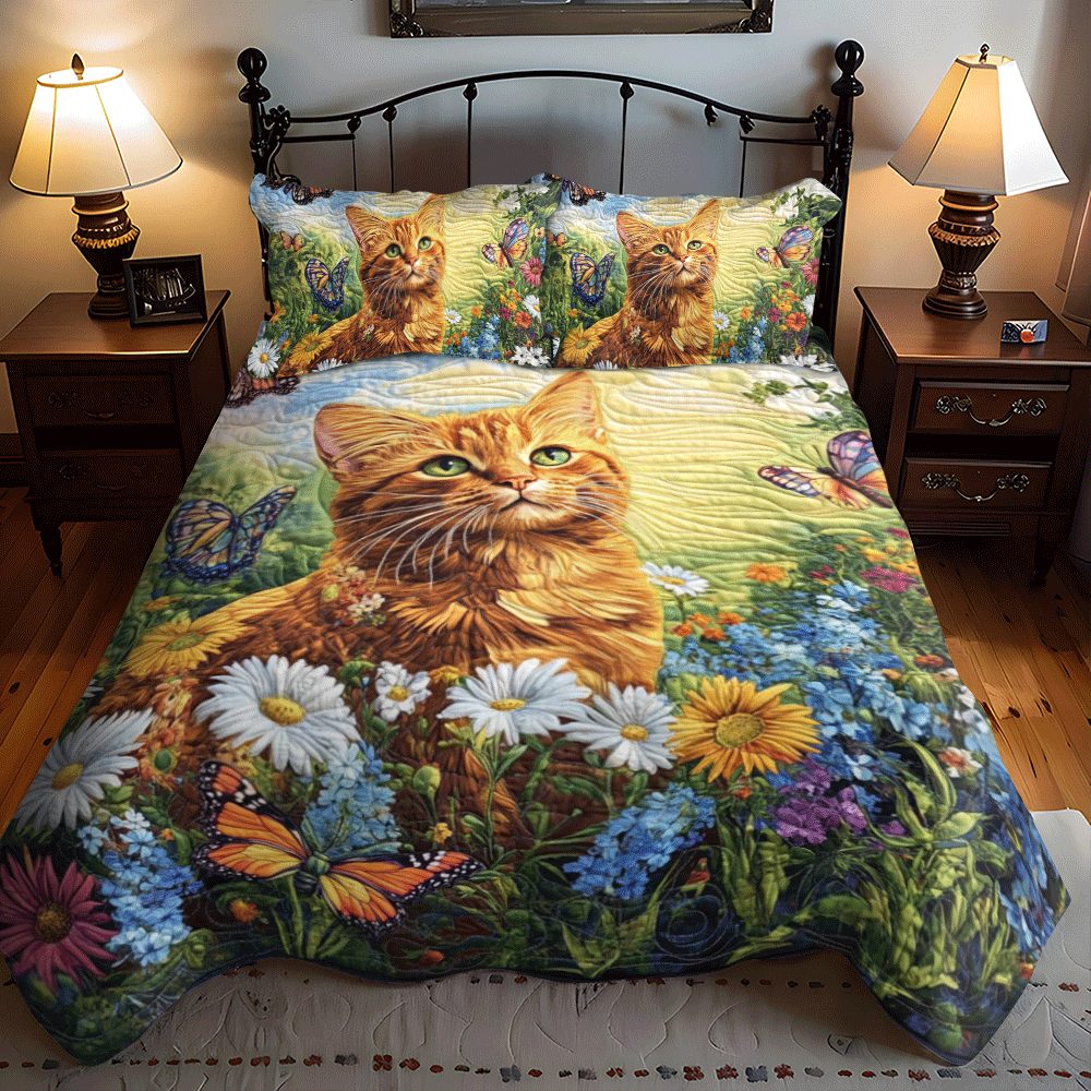 Floral Daisy Cat quilted 3-piece bedding set on a made bed with two matching pillow shams