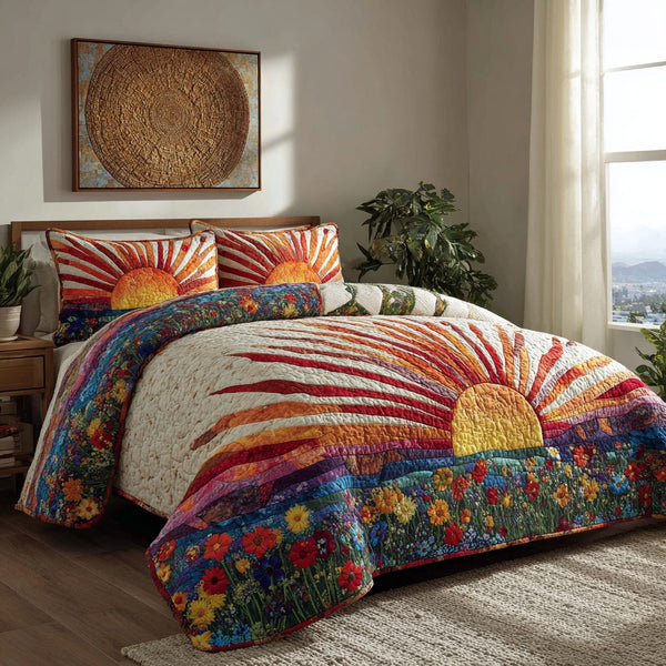 Floral Dawn quilted 3-piece bedding set on a made bed with two matching pillow shams