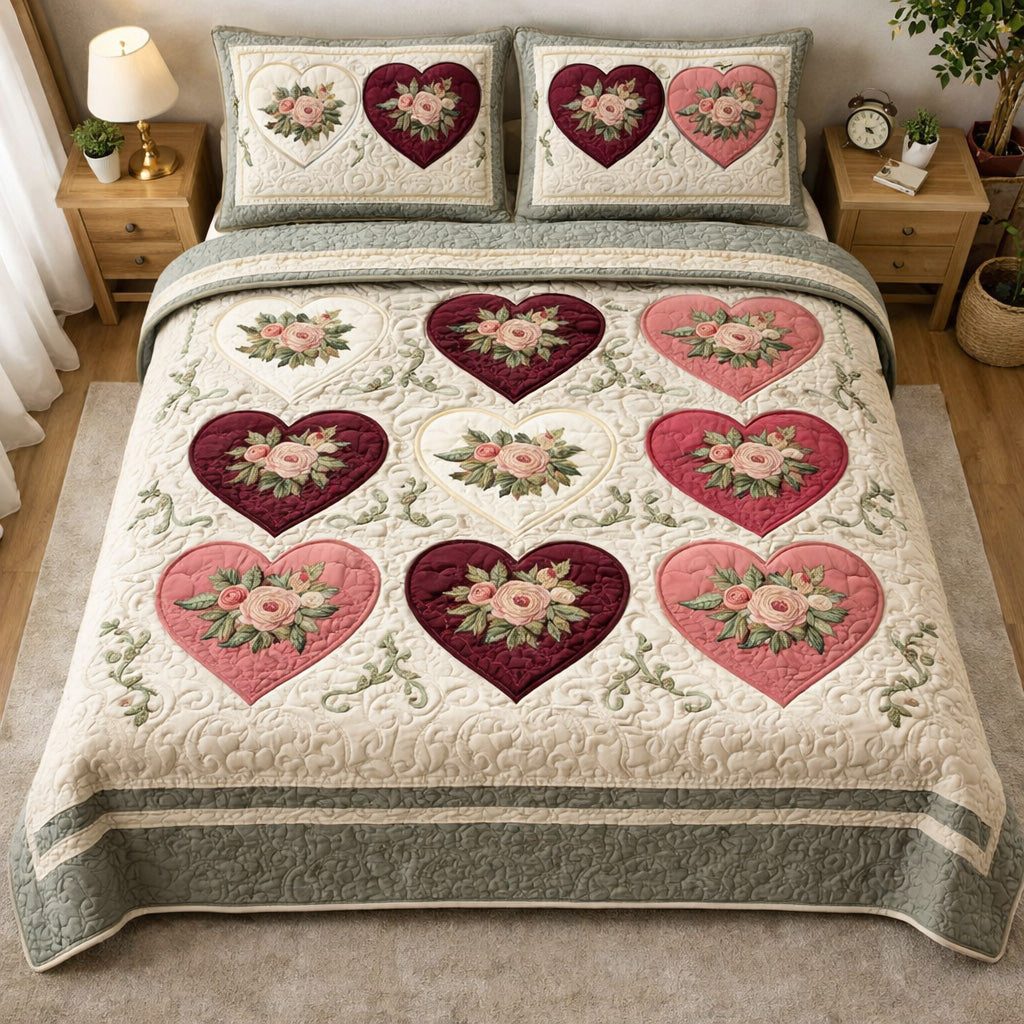 Floral Devotion quilted 3-piece bedding set on a made bed with two matching pillow shams