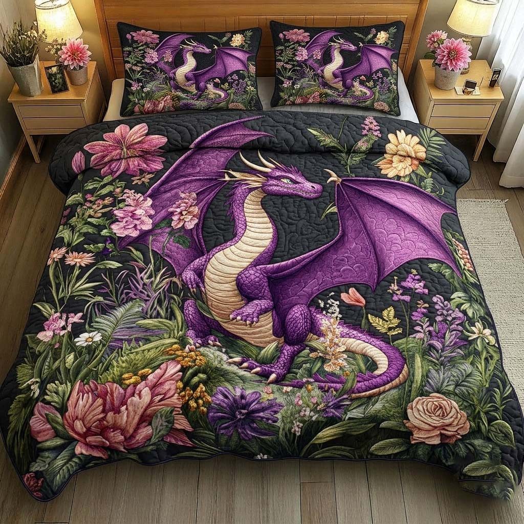 Floral Dragon Dream quilted 3-piece bedding set on a made bed with two matching pillow shams