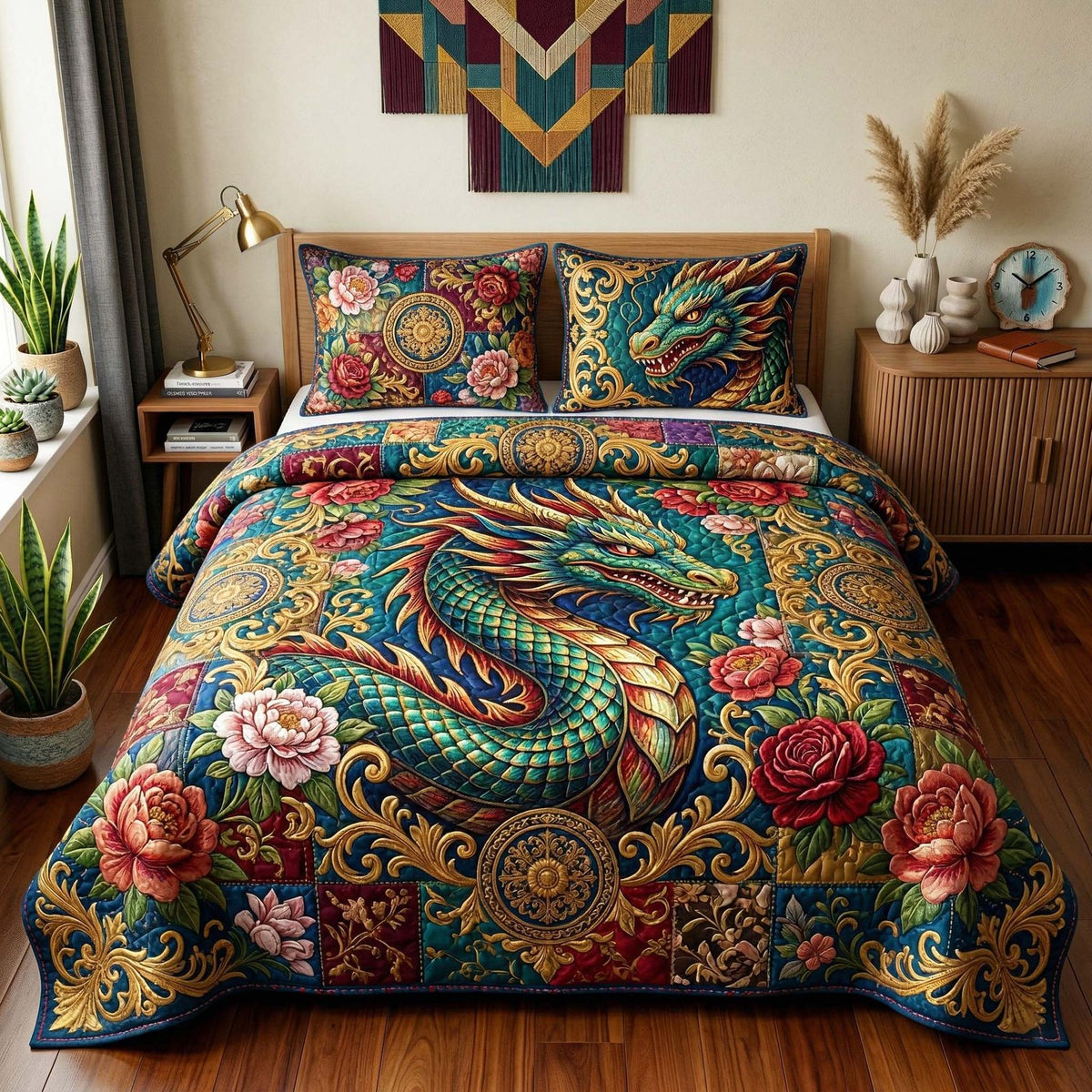 Floral Dragon quilted 3-piece bedding set on a made bed with two matching pillow shams