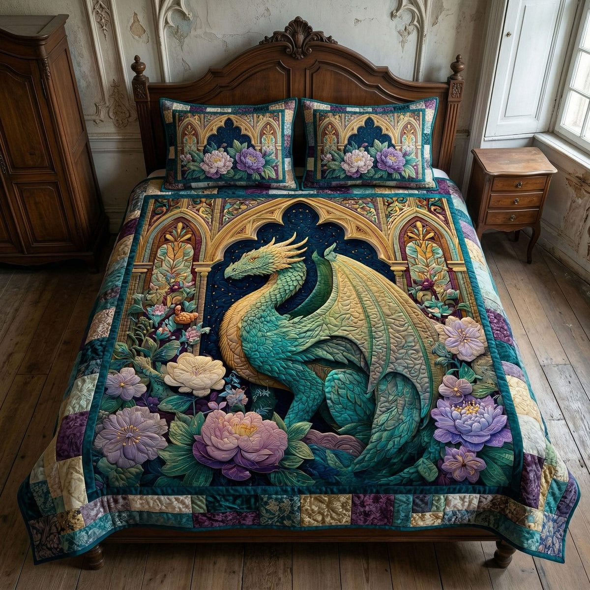 Floral Dragon quilted 3-piece bedding set on a made bed with two matching pillow shams