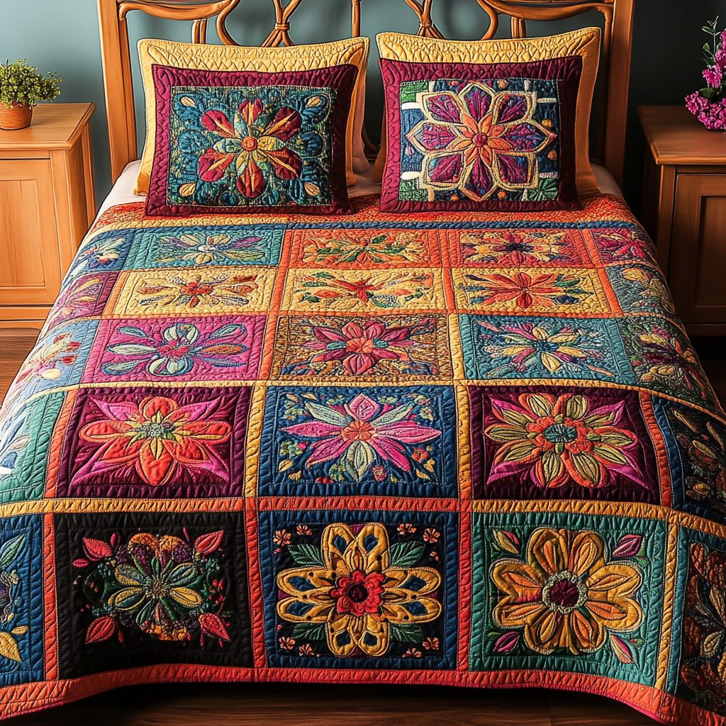Floral Dream quilted 3-piece bedding set on a made bed with two matching pillow shams