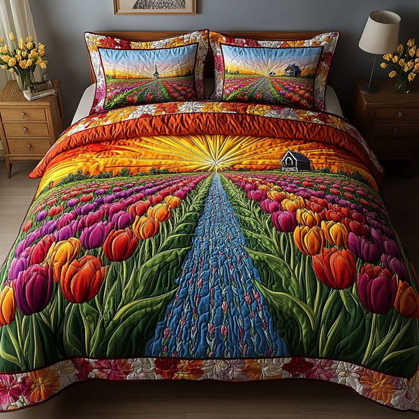 Floral Dream quilted 3-piece bedding set on a made bed with two matching pillow shams