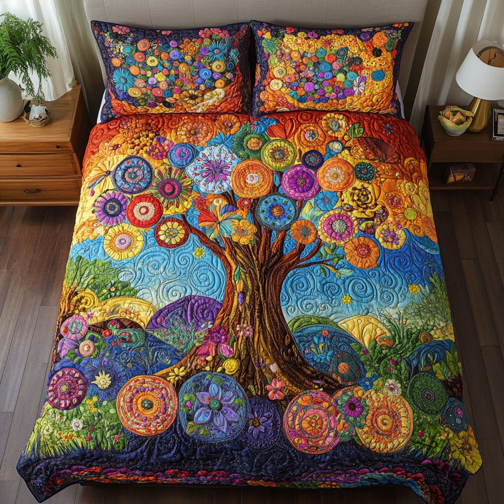Floral Dreams quilted 3-piece bedding set on a made bed with two matching pillow shams