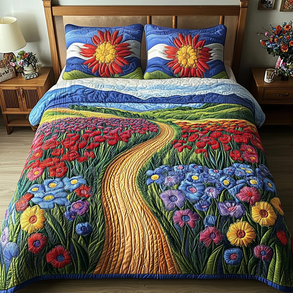 Floral Dreamscape quilted 3-piece bedding set on a made bed with two matching pillow shams