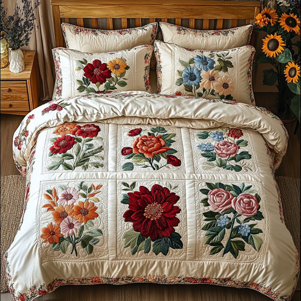 Floral Dreamscape quilted 3-piece bedding set on a made bed with two matching pillow shams