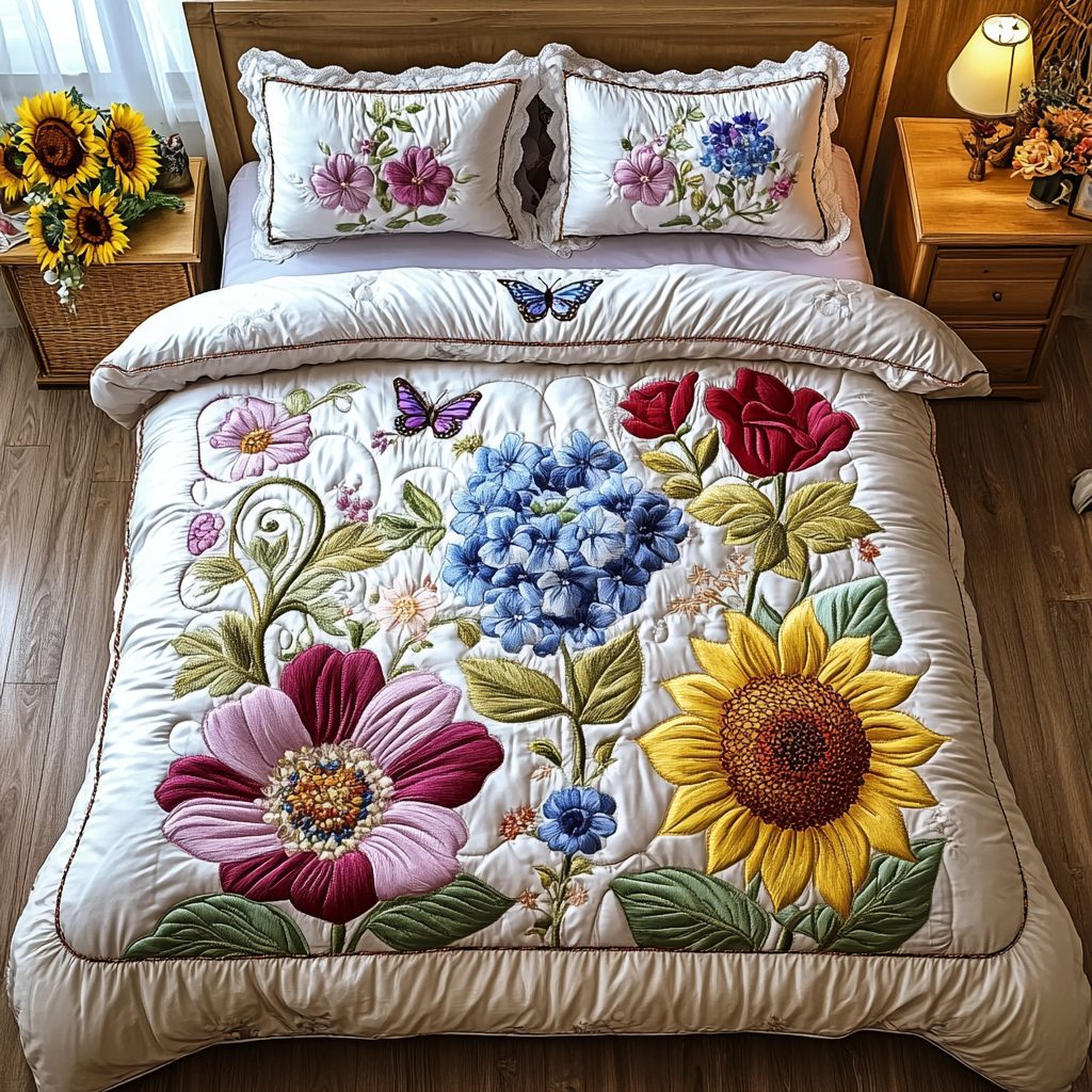 Floral Dreamscape quilted 3-piece bedding set on a made bed with two matching pillow shams