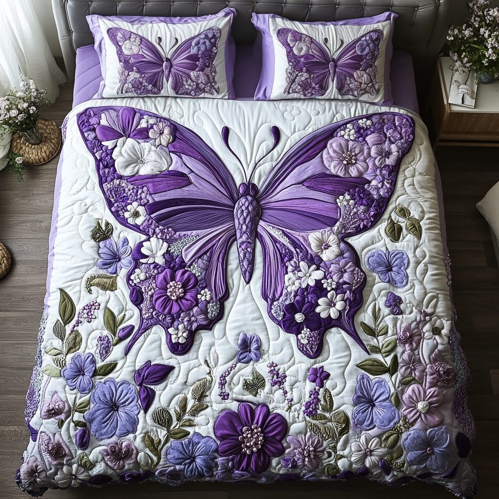 Floral Drift quilted 3-piece bedding set on a made bed with two matching pillow shams
