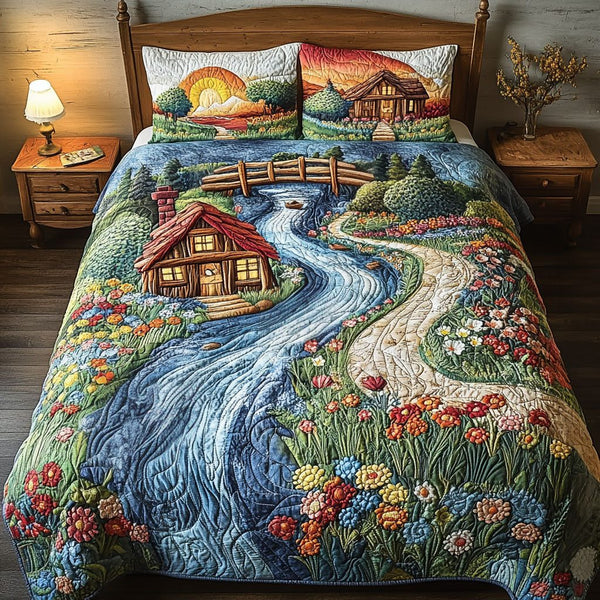 Floral Escape quilted 3-piece bedding set on a made bed with two matching pillow shams