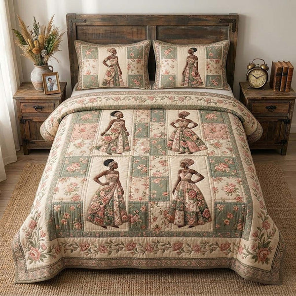 Floral Essence quilted 3-piece bedding set on a made bed with two matching pillow shams