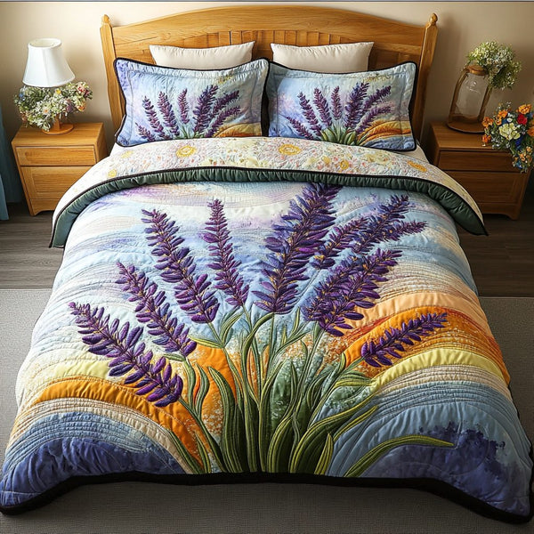 Floral Essence quilted 3-piece bedding set on a made bed with two matching pillow shams