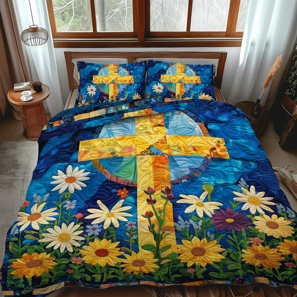 Floral Faith quilted 3-piece bedding set on a made bed in a softly lit bedroom