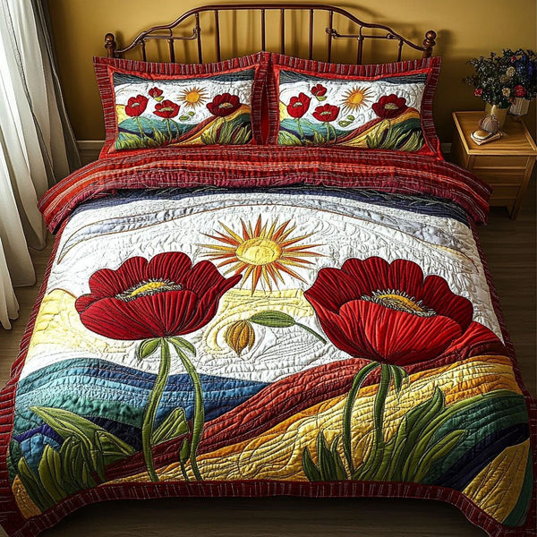 Floral Fantasia quilted 3-piece bedding set on a made bed with two matching pillow shams