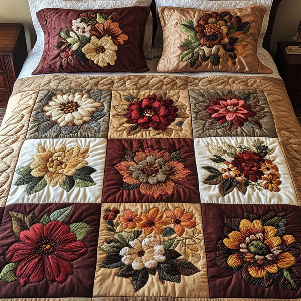 Floral Fantasy quilted 3-piece bedding set on a made bed with two matching pillow shams