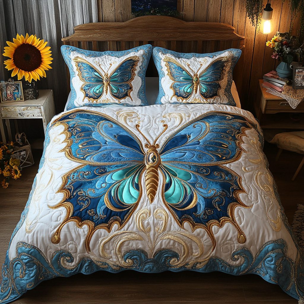 Floral Fantasy quilted 3-piece bedding set on a made bed with two matching pillow shams