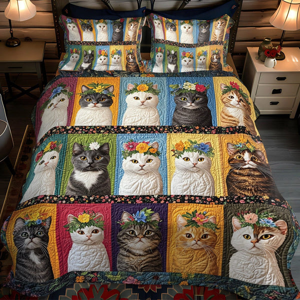 Floral Feline quilted 3-piece bedding set on a made bed with two matching pillow shams