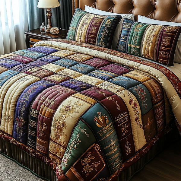 Floral Fiction quilted 3-piece bedding set on a made bed with two matching pillow shams