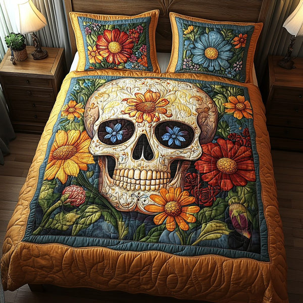 Floral Fiesta Skull quilted 3-piece bedding set on a made bed against a dark styled interior