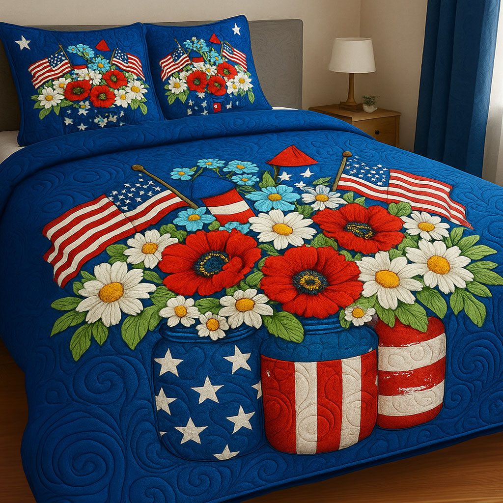 Floral Fireworks quilted 3-piece bedding set on a made bed with two matching pillow shams