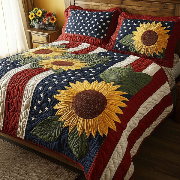 Floral Flag quilted 3-piece bedding set on a made bed in a warmly lit bedroom