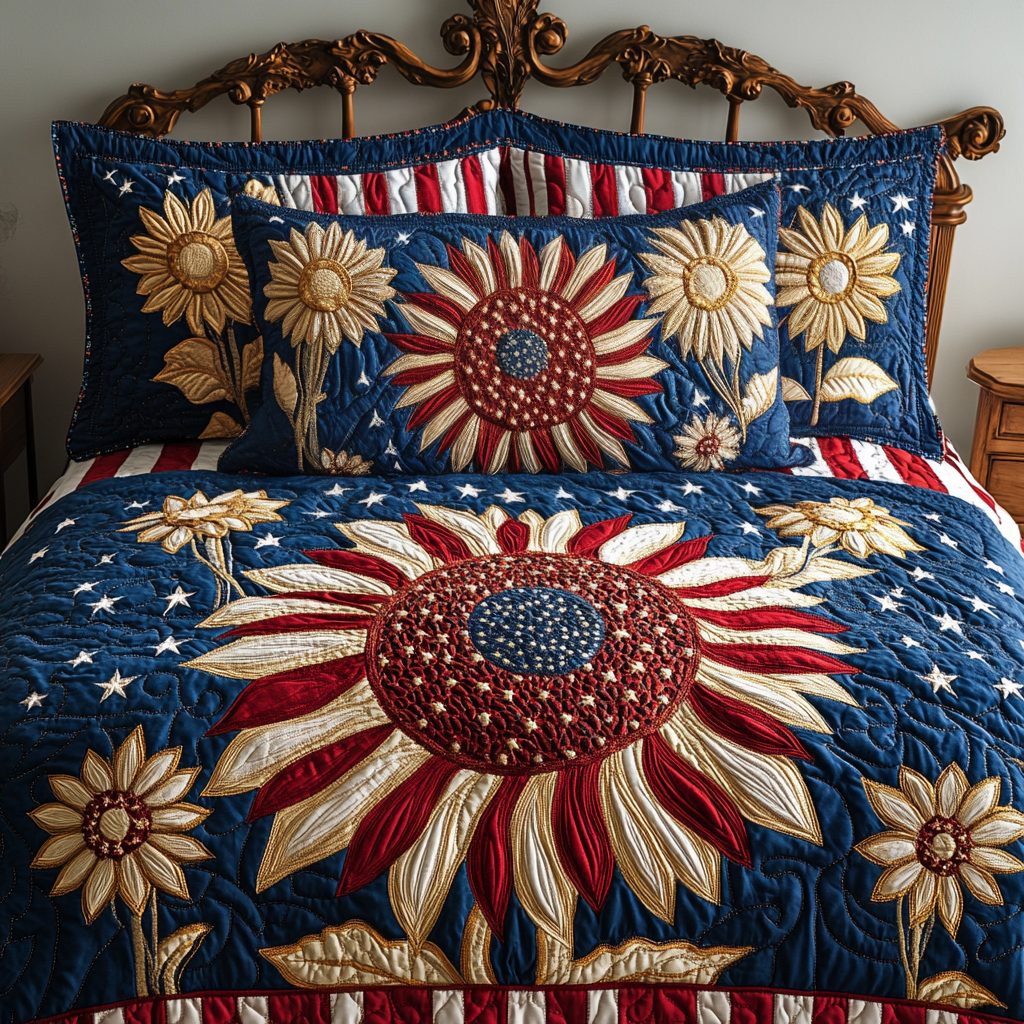 Floral Flag quilted 3-piece bedding set on a made bed in a warmly lit bedroom