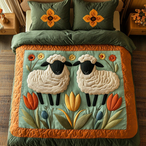 Floral Fleece quilted 3-piece bedding set on a made bed with two matching pillow shams