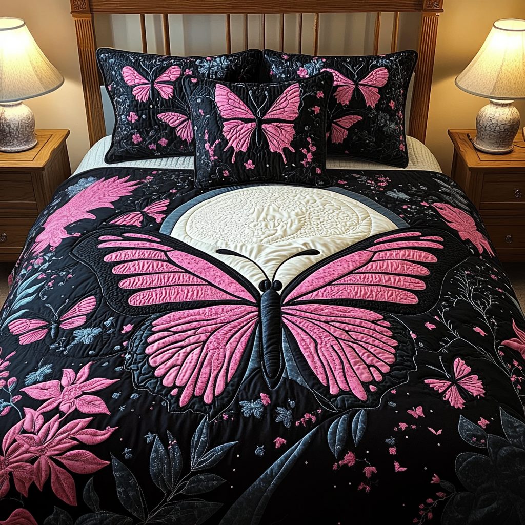 Floral Flight quilted 3-piece bedding set on a made bed with two matching pillow shams