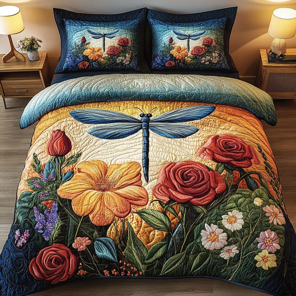 Floral Flight quilted 3-piece bedding set on a made bed with two matching pillow shams