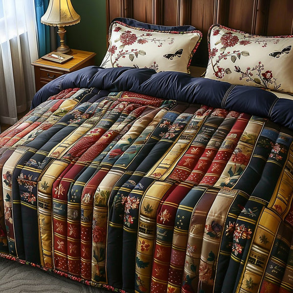 Floral Folios quilted 3-piece bedding set on a made bed with two matching pillow shams
