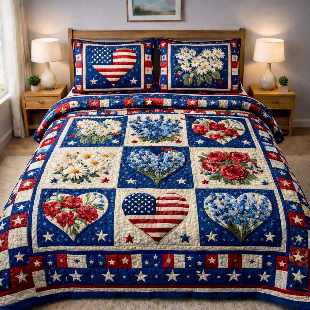 Floral Freedom quilted 3-piece bedding set on a made bed in a warmly lit bedroom