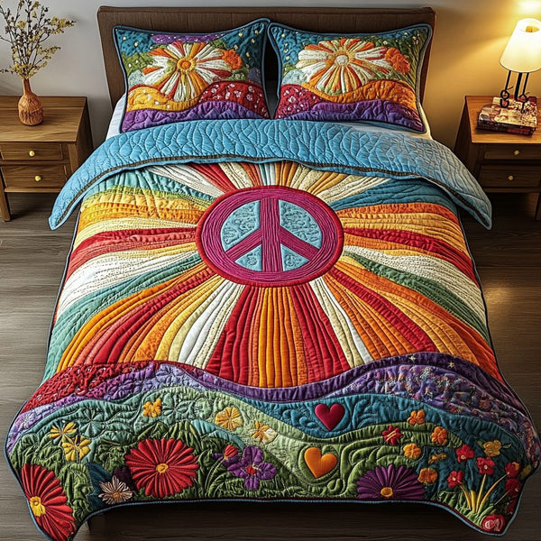 Floral Freedom quilted 3-piece bedding set on a made bed in a warmly lit bedroom