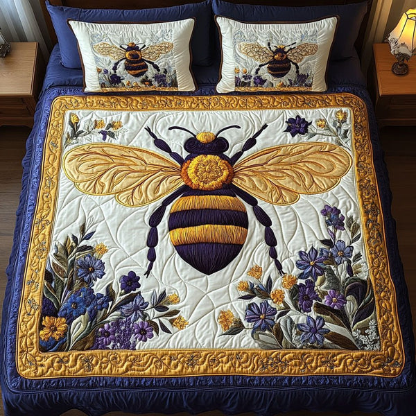 Floral Friend quilted 3-piece bedding set on a made bed with two matching pillow shams