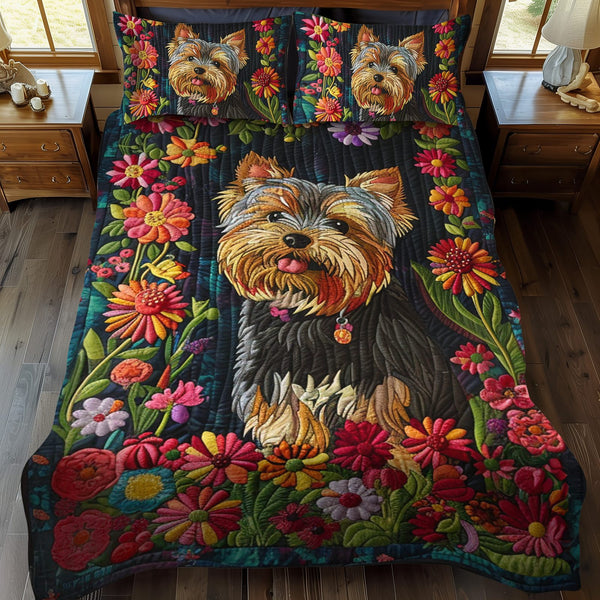 Floral Furry Friend quilted 3-piece bedding set on a made bed with two matching pillow shams
