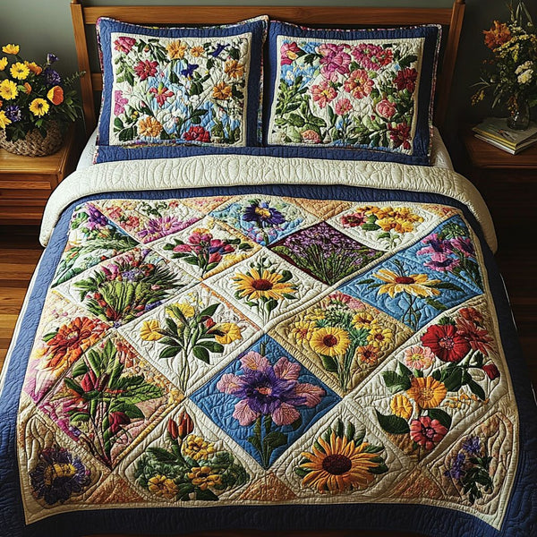 Floral Fusion quilted 3-piece bedding set on a made bed with two matching pillow shams