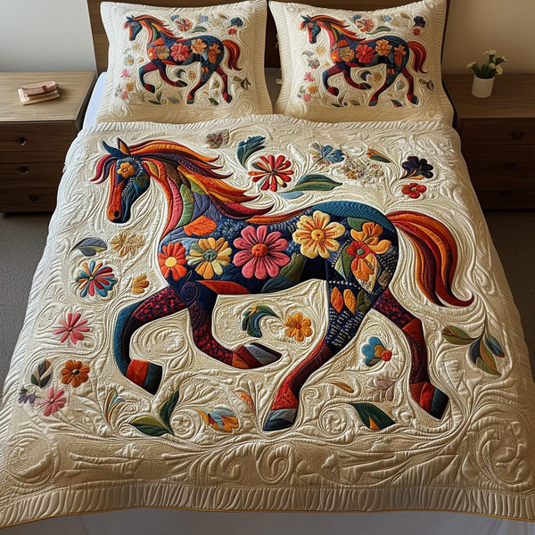 Floral Gallop quilted 3-piece bedding set on a made bed with two matching pillow shams