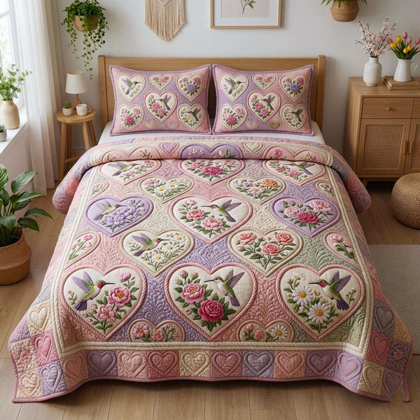 Floral Garden quilted 3-piece bedding set on a made bed with two matching pillow shams