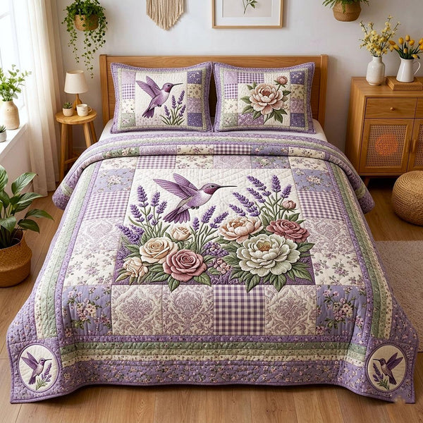 Floral Garden quilted 3-piece bedding set on a made bed with two matching pillow shams