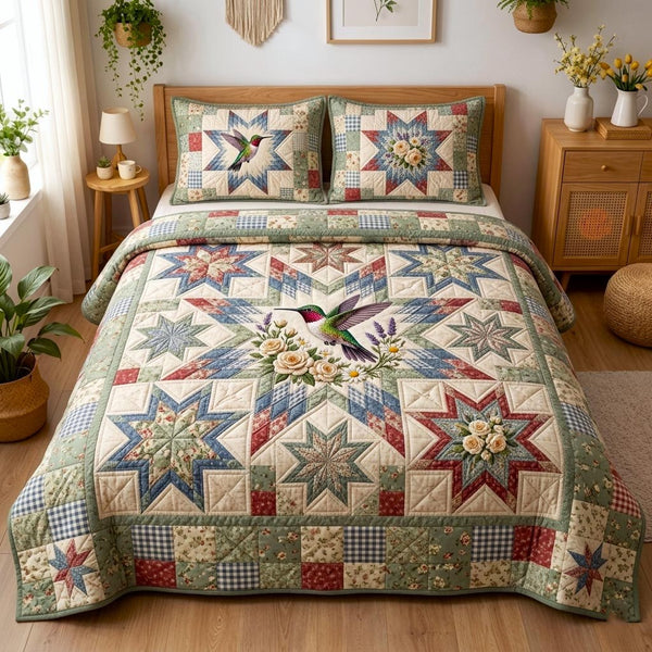 Floral Garden quilted 3-piece bedding set on a made bed with two matching pillow shams