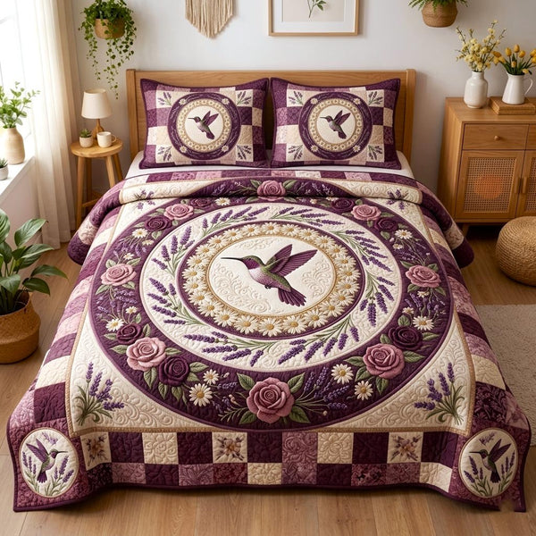 Floral Garden quilted 3-piece bedding set on a made bed with two matching pillow shams
